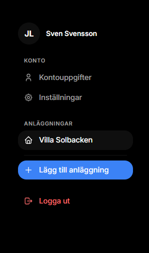 Kontosidan med anläggningen Villa Solbacken markerad
