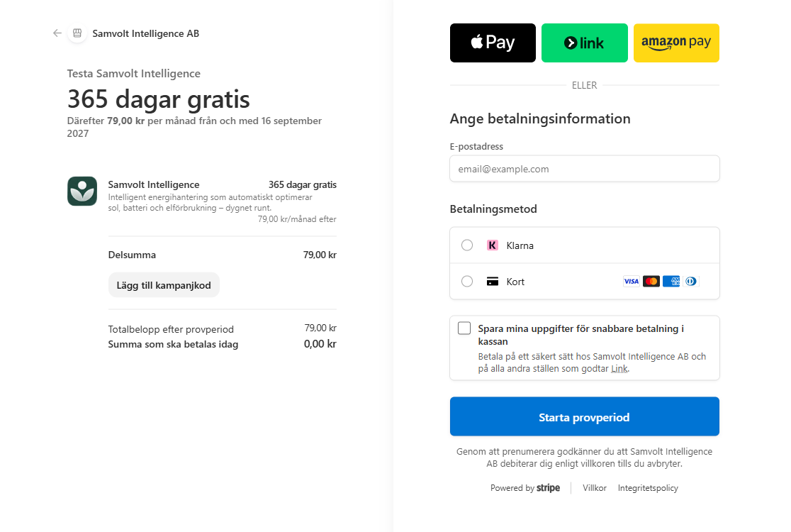 Betalningsfönstret med Klarna, kort, Apple Pay, Link och Amazon Pay